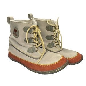 Sorel Joplin Suede Grayish / Tan & Rust Moccasin Ankle Boots Size 7